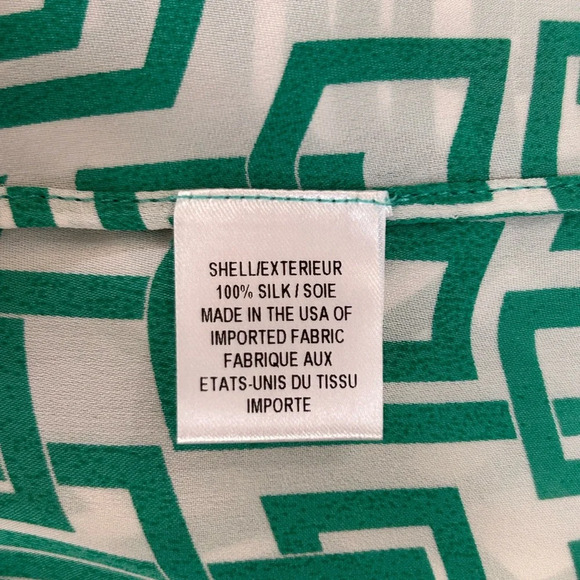 An Original Milly Of New York 100% Silk Blouse Green White Geometric 3/4 Sleeves - Picture 6 of 6
